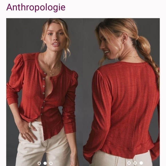 2/25 Anthropologie Pilcro Puff-Sleeved Cardigan Short Top Petite Henley buttons - Picture 1 of 7